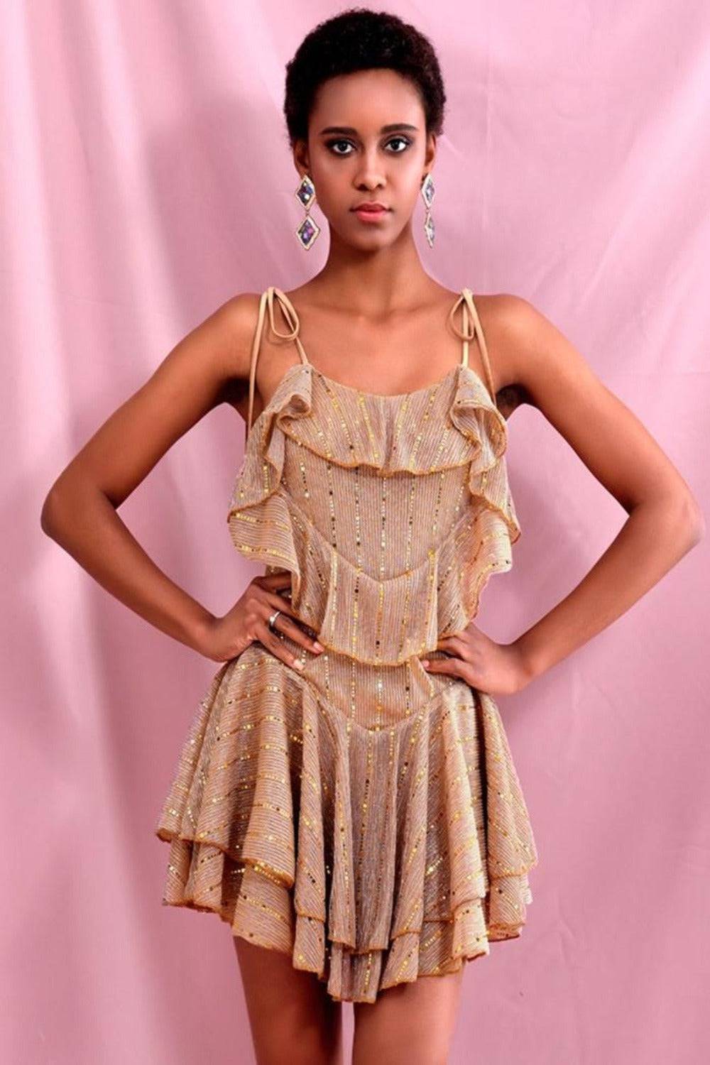 Layered Gold Ruffle Mini Dress - TGC Boutique - Mini Dress