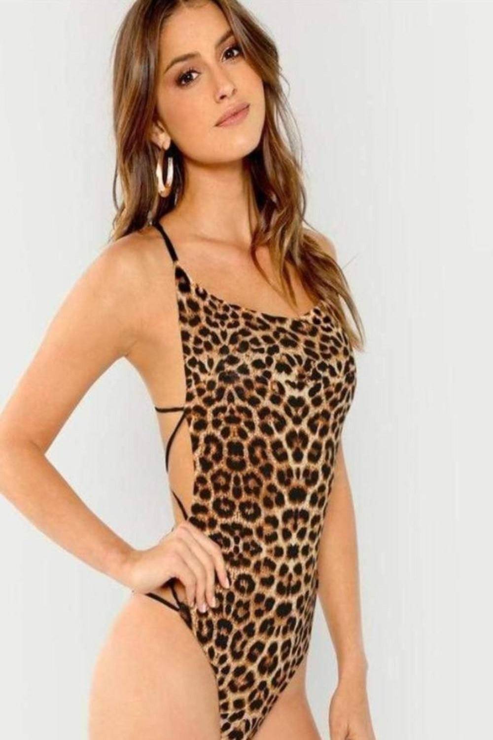 Leopard Print Strappy Back Slim Fitted Bodysuit Swimsuit - TGC Boutique - Swimsuit