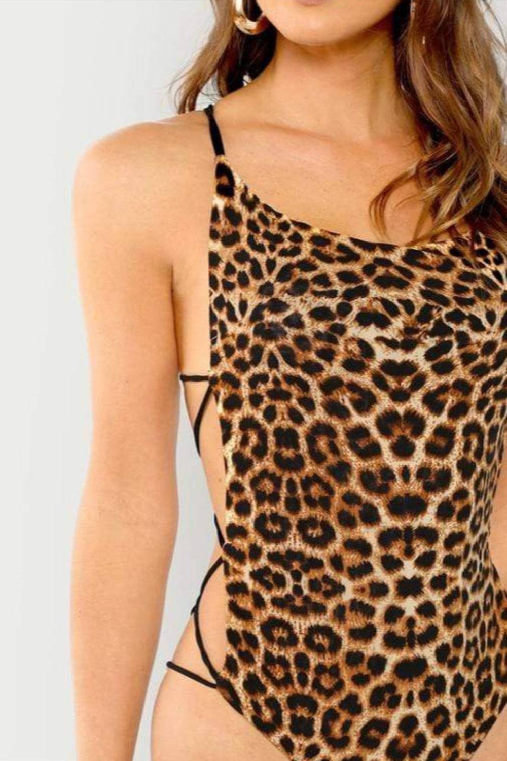 Leopard Print Strappy Back Slim Fitted Bodysuit Swimsuit - TGC Boutique - Swimsuit
