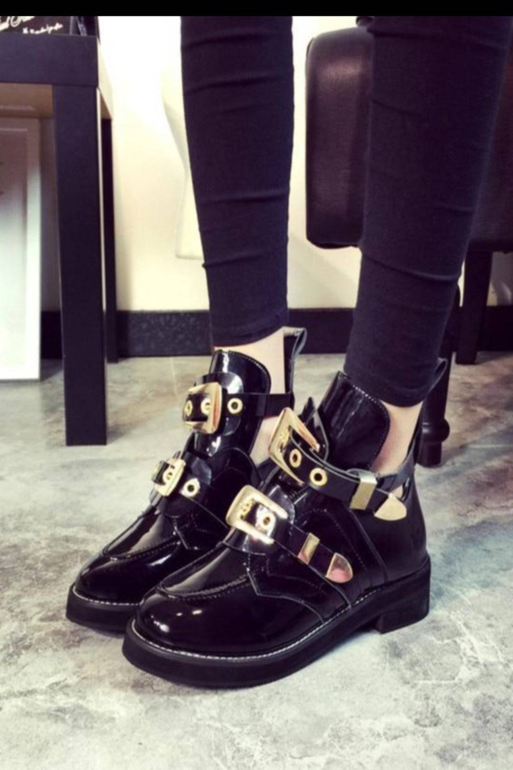 Let It Be Gold Buckle Black Ankle Boots - TGC Boutique Let It Be Gold Buckle Black Ankle Boots - TGC Boutique