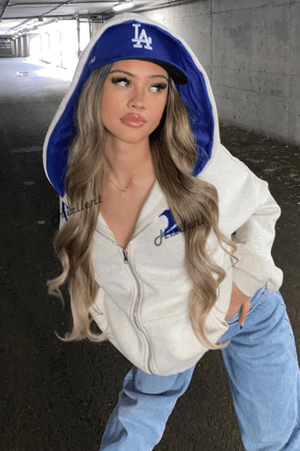 Letter embroidery Oversized Zip Up Comfy Off White Hoodie - TGC Boutique - Tops