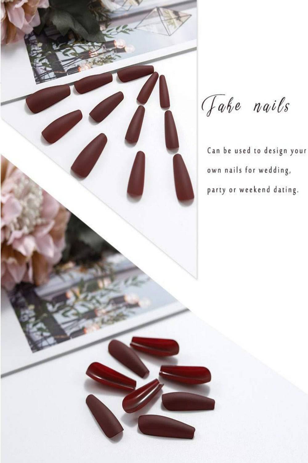 Long Coffin Tip Matte Glue On Red Nails - Dark Wine Red Nail Kit - TGC Boutique - Press On Nails