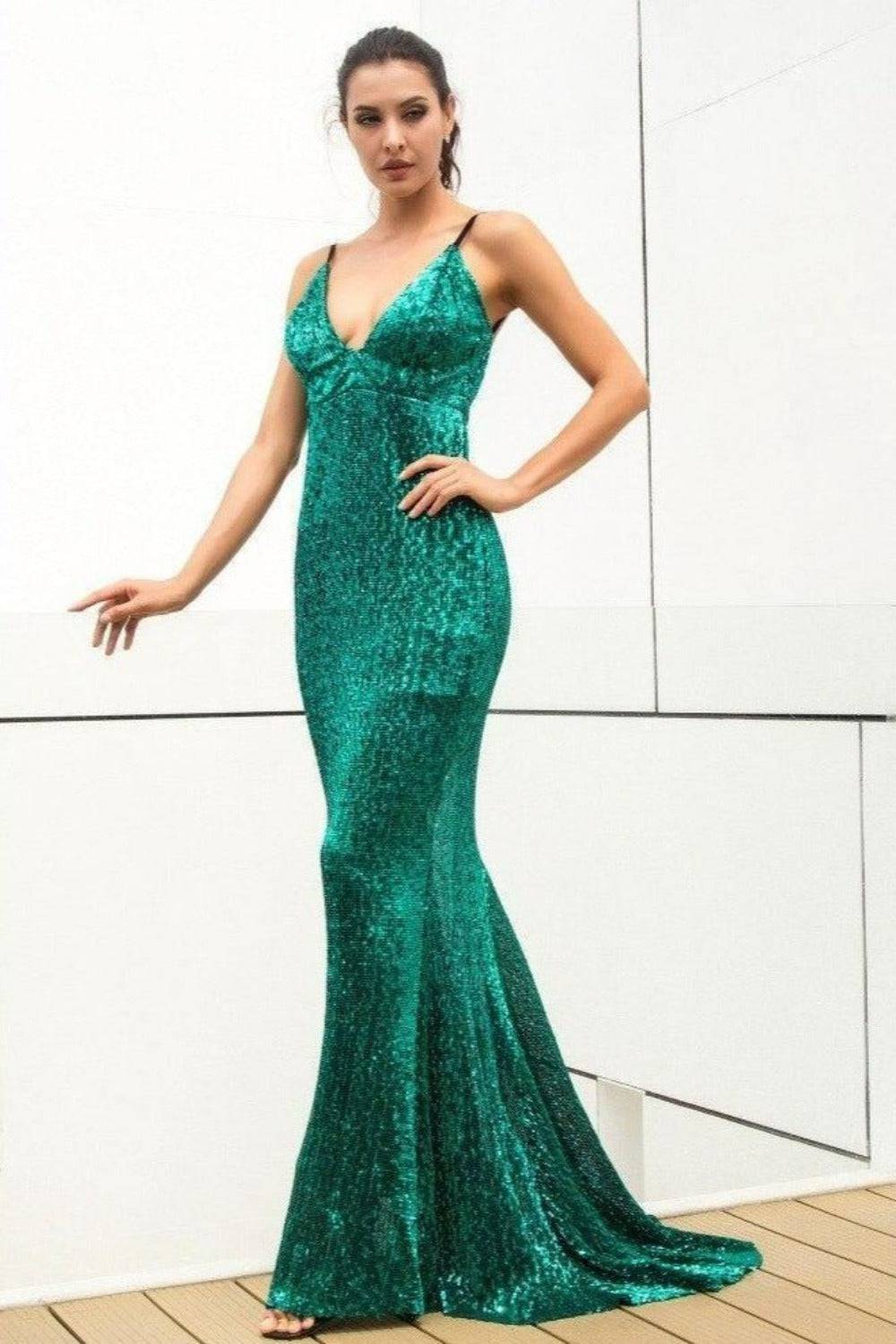 Long Fishtail Sequin Dress Deep V-Neck Open Back Gown - Green - TGC Boutique - Evening Gown