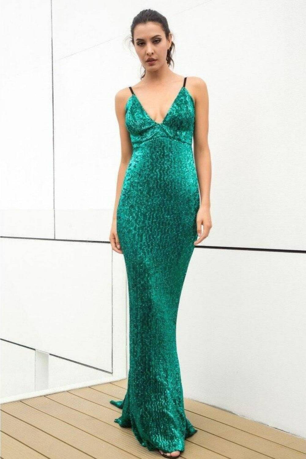 Long Fishtail Sequin Dress Deep V-Neck Open Back Gown - Green - TGC Boutique - Evening Gown