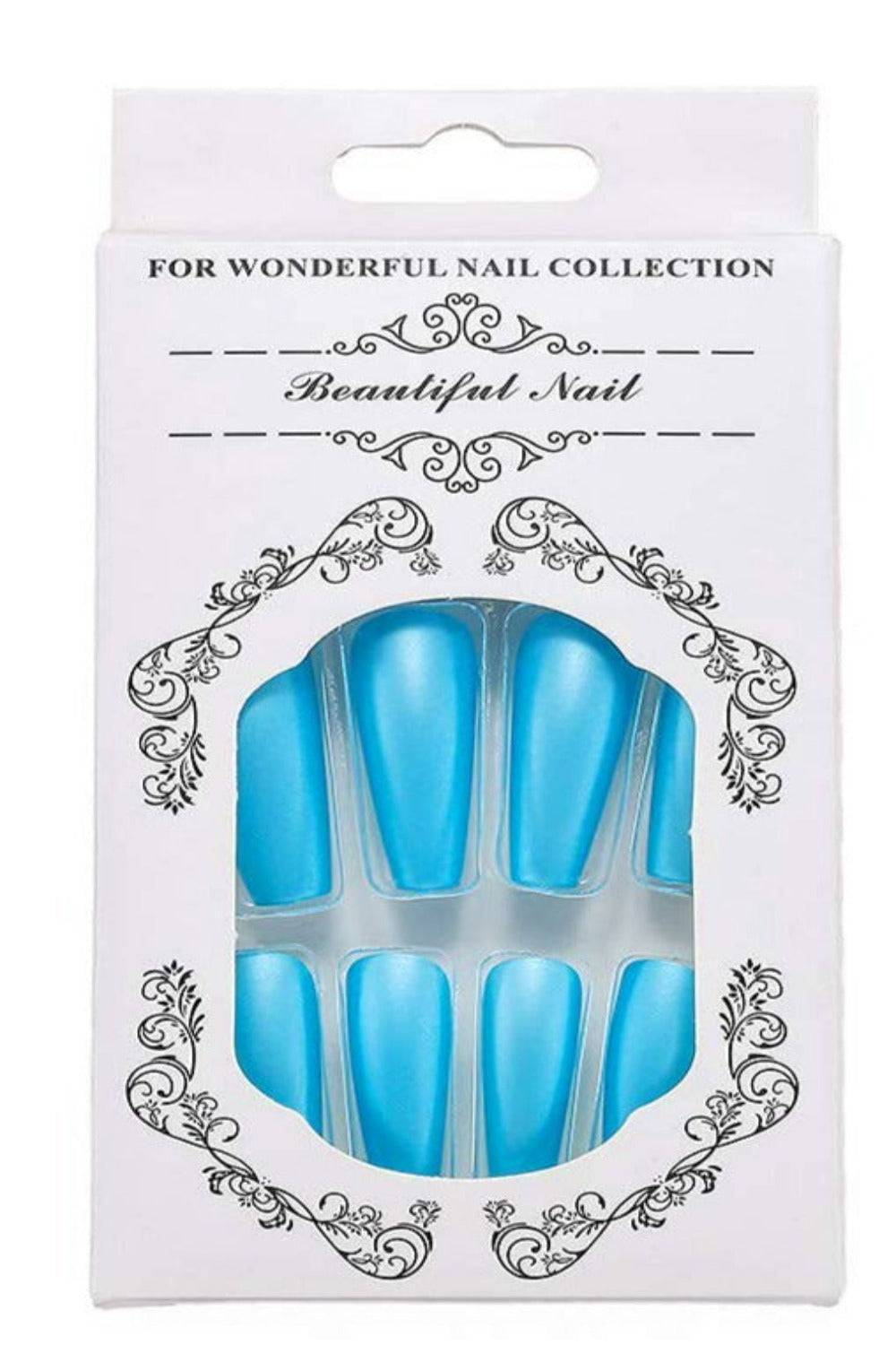 Long Matte Neon Blue Coffin Tip Press On Nails Kit - TGC Boutique - Press On Nails