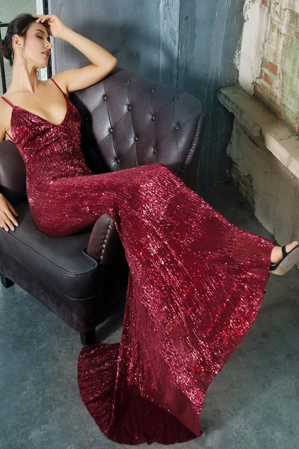 Long Sequin Open Back Sparkly Wine Red Dress - TGC Boutique - Red Sequin Dress