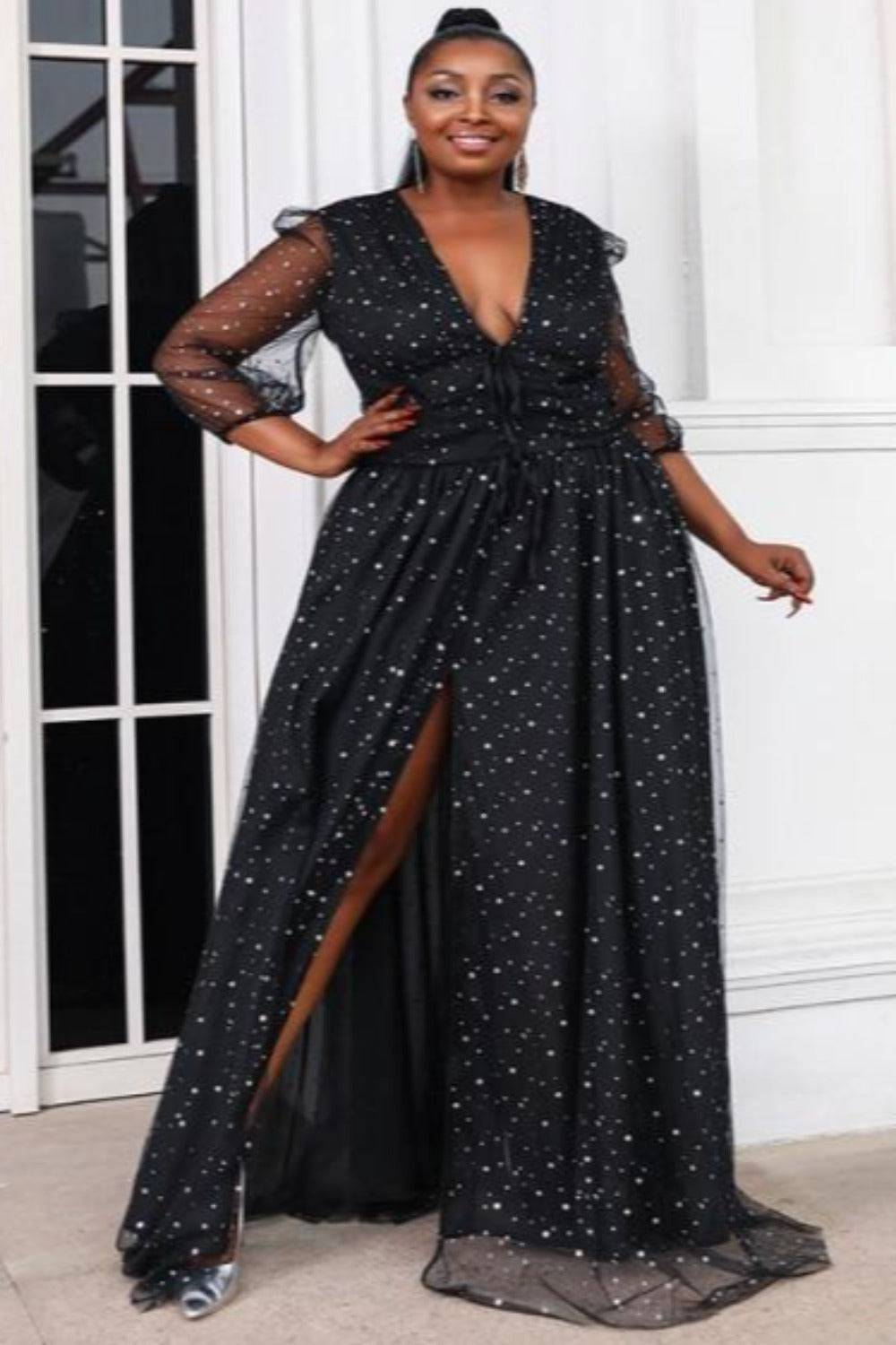 Long Sleeve High Slit Black Plus Size Maxi Dress - TGC Boutique - Star Dress