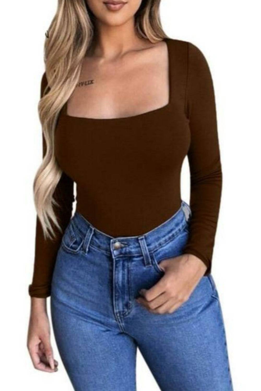 Long Sleeve Knitted Solid Square Collar Bodysuit Winter Top - TGC Boutique - Bodysuit