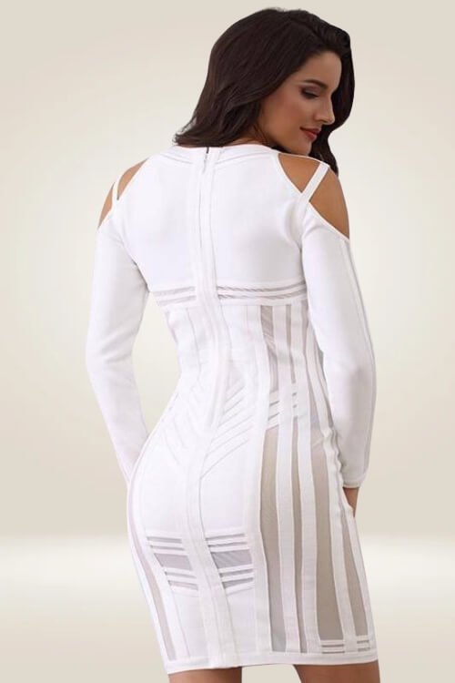 Long Sleeve Mesh Cut Out White Bodycon Dress - TGC Boutique - Bodycon Dress