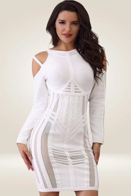 Long Sleeve Mesh Cut Out White Bodycon Dress - TGC Boutique - Bodycon Dress