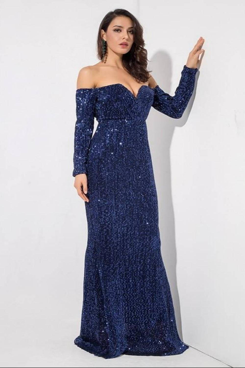 Long Sleeve Off The Shoulder Navy Blue Sequin Maxi Dress - TGC Boutique - Evening Gown