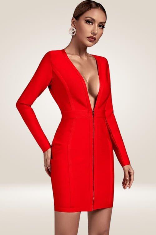 Long Sleeve Red Bodycon Mini Dress - TGC Boutique - Bodycon Dress