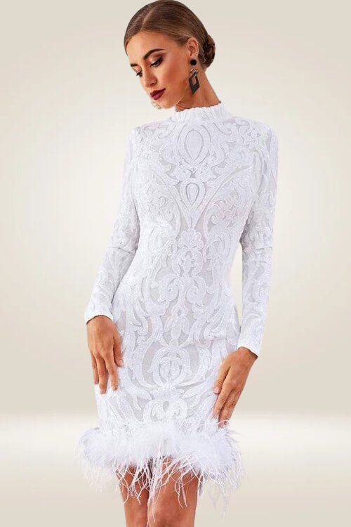 Long Sleeve Sequins Feather White Mini Dress - TGC Boutique - Bodycon Dress