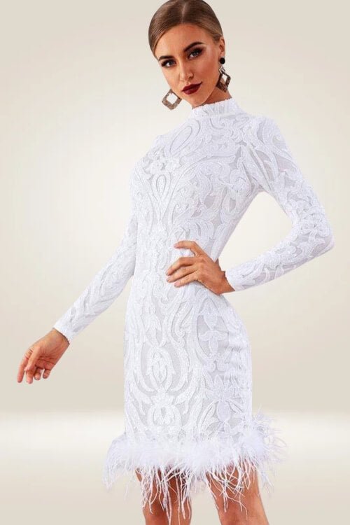 Long Sleeve Sequins Feather White Mini Dress - TGC Boutique Long Sleeve Sequins Feather White Mini Dress - TGC Boutique