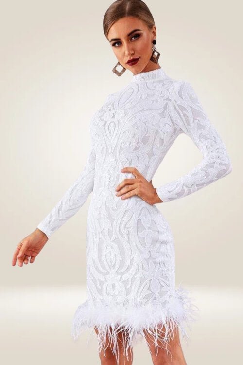 Long Sleeve Sequins Feather White Mini Dress - TGC Boutique - Bodycon Dress