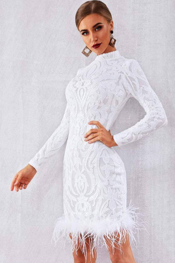 SEQUINED FEATHER MINI DRESS IN WHITE main image 1
