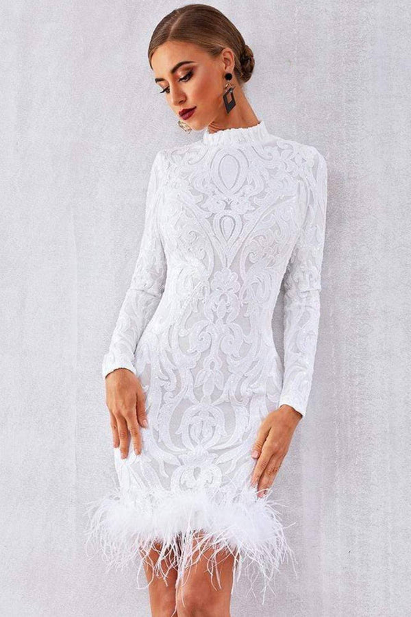 Claudia | White Sequin Crew-Neck Feather Hem Mini Dress With Long Sleeves