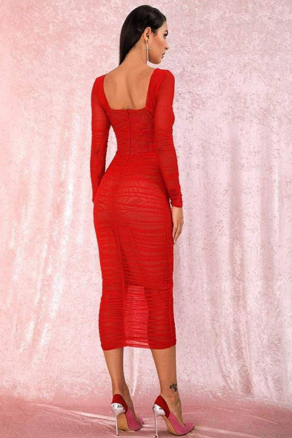 Loren Long Sleeve Elastic Ruched Hot Red Dress - TGC Boutique - Bodycon Dress