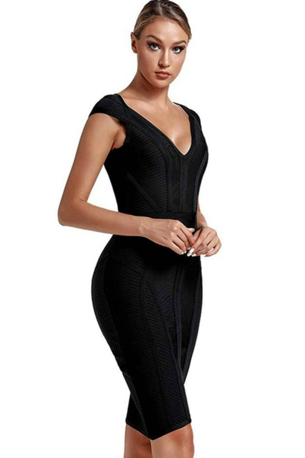Loren Runway Elegant Short Sleeve Striped Bandage Dress - Black - TGC Boutique - Black Bodycon Dress