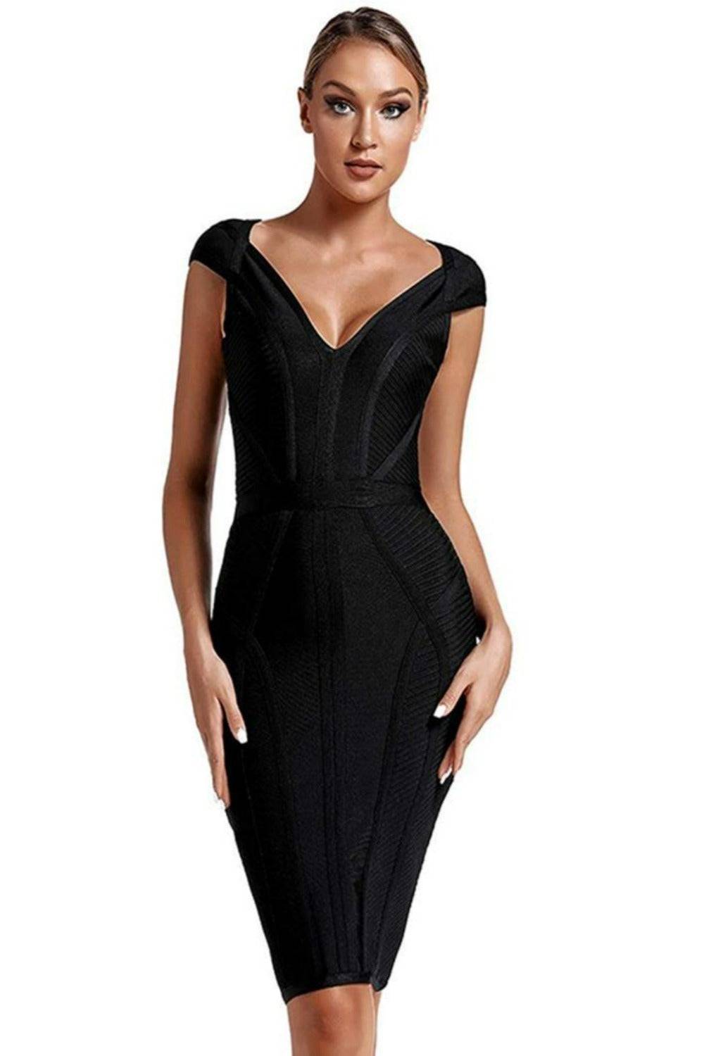 Loren Runway Elegant Short Sleeve Striped Bandage Dress - Black - TGC Boutique - Black Bodycon Dress