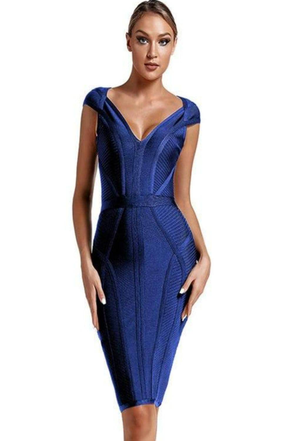 Loren Runway Elegant Short Sleeve Striped Bandage Dress - Royal Blue - TGC Boutique - Bodycon Dress