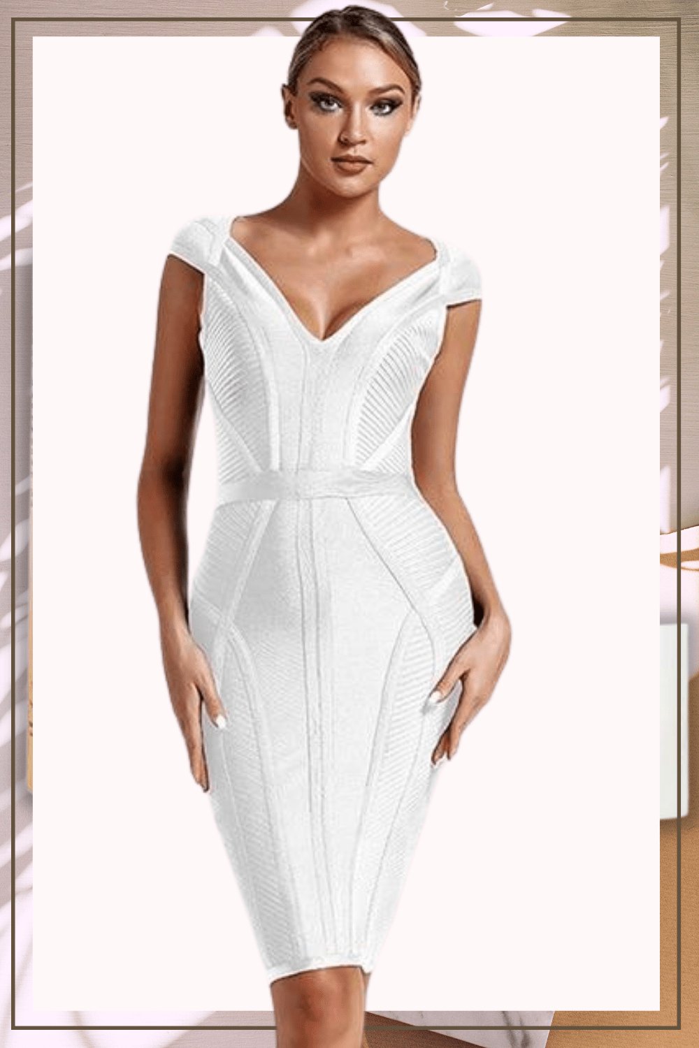 Loren Runway Elegant Short Sleeve Striped Bandage Dress - White - TGC Boutique - Bodycon Dress