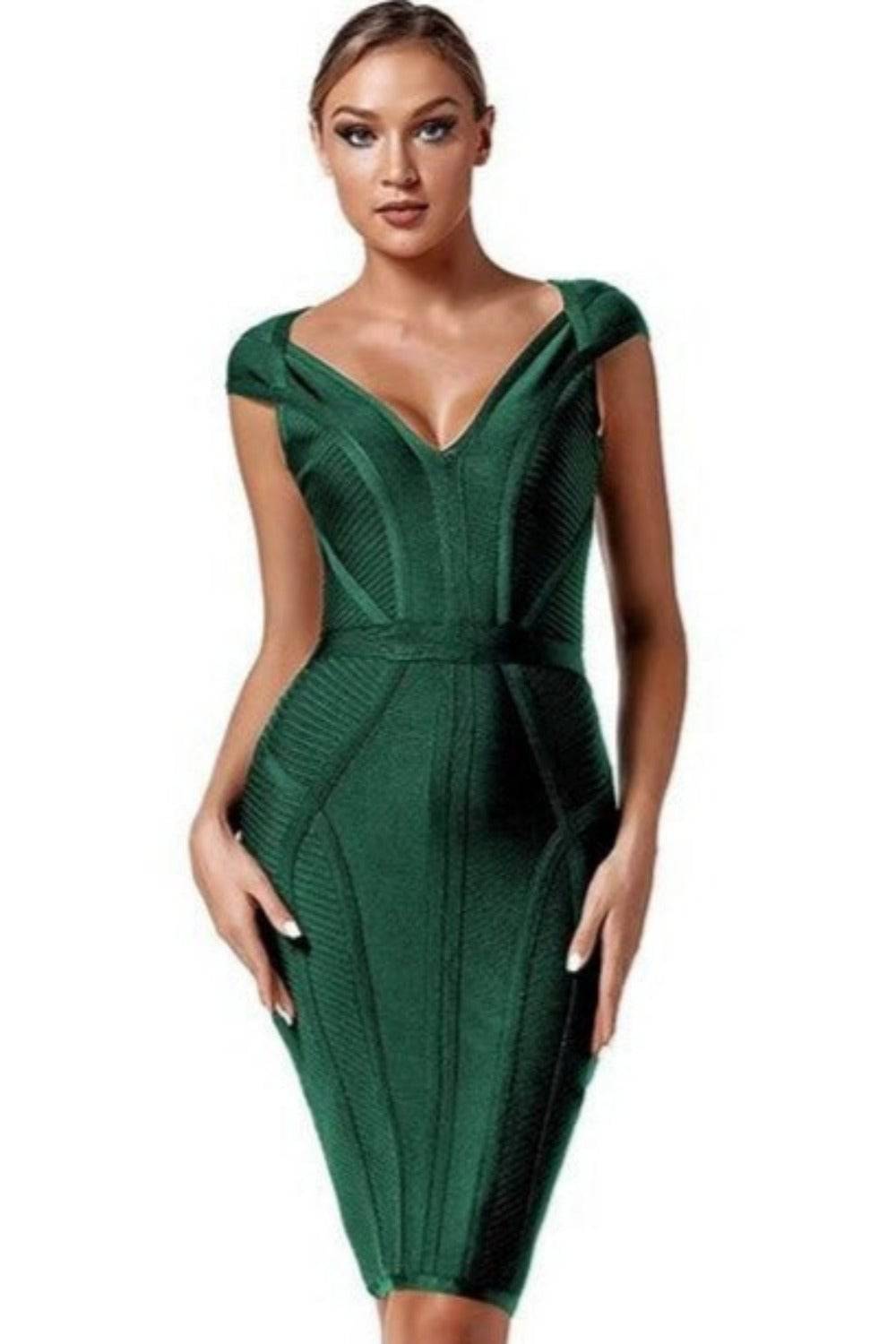 Loren Runway Elegant Short Sleeve Striped Green Bandage Bodycon Dress - TGC Boutique - Green Bodycon Dress