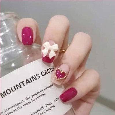 Maroon Press On Nails Heart Glossy Coffin Crystal Nail Kit - TGC Boutique - Press On Nails