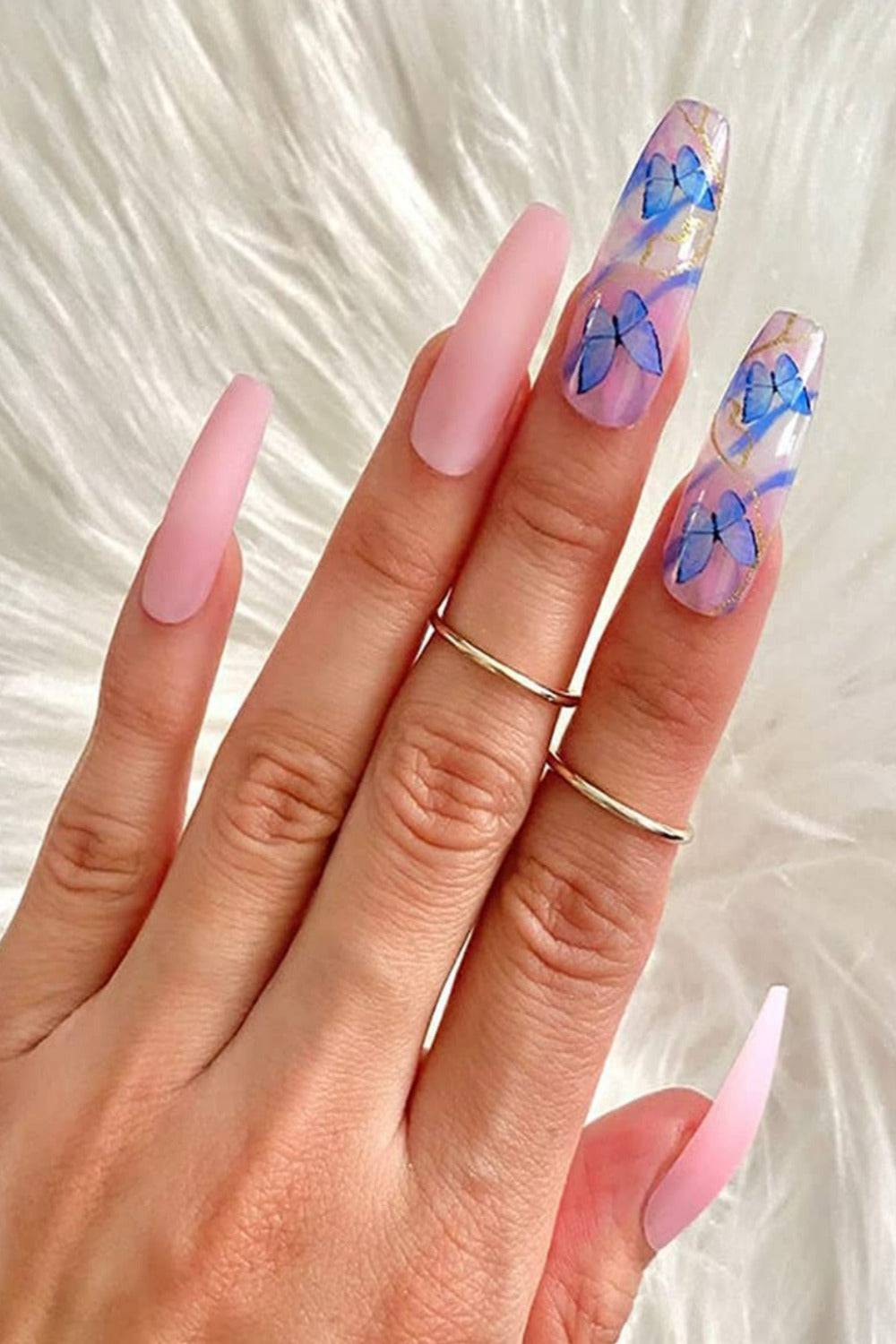 Matte Coffin Pink & Blue Marble Butterfly Press On Nails - TGC Boutique - Press On Nails