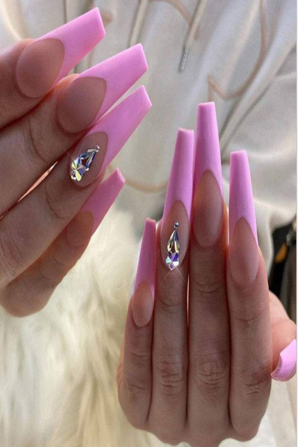 Matte Pink Coffin French Tip Press On Nails With Crystal Nails Design - TGC Boutique - Press On Nails