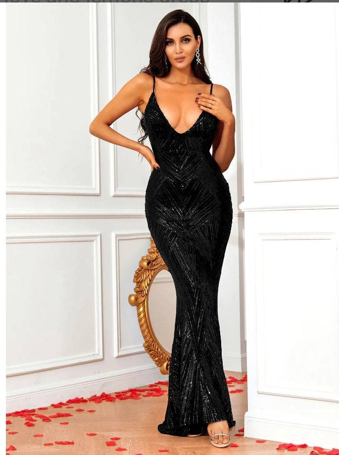 Mermaid Geometric Sequin Black Maxi Dress - TGC Boutique -