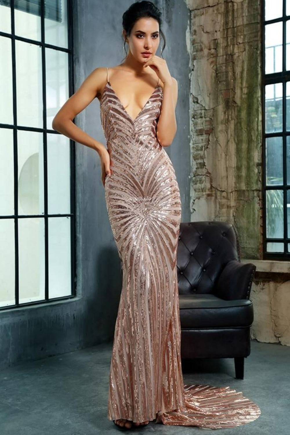 Mermaid Geometric Sequins Long Bridesmaid Dress - Gold - TGC Boutique - Gold Evening Gown
