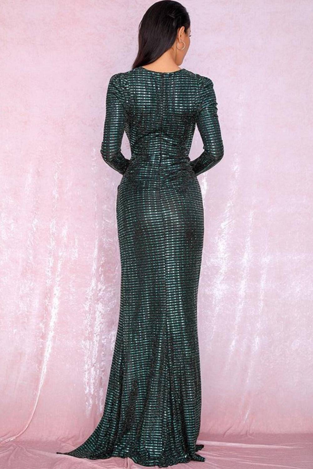 Metallic Glitter Sequin Puff Sleeve High Slit Green Maxi Dress - TGC Boutique - Evening Gown