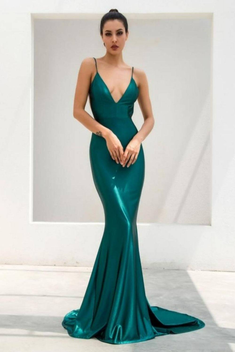 Metallic Shimmer Open Back Satin Forest Green Maxi Dress - TGC Boutique - Evening Gown