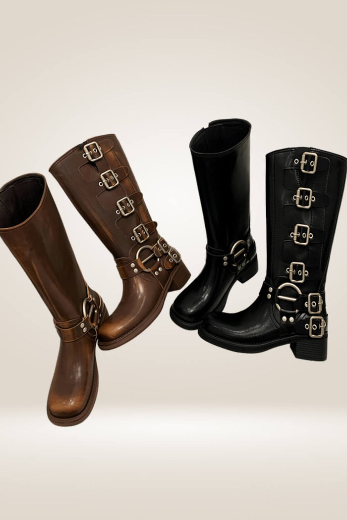Belt Buckle Mid-Calf Knight Boots – Black Two-Layer Cowhide