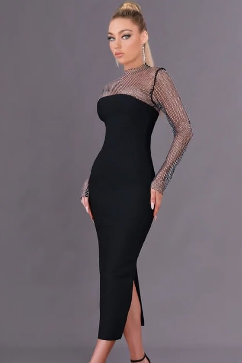 Midnight Allure Shimmer Mesh Sleeve Bodycon Midi Dress - TGC Boutique - Bodycon Dress