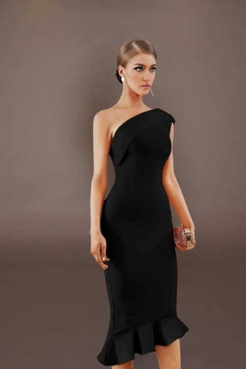 Midnight In London Asymmetric Ruffle Bodycon Dress - TGC Boutique - Bodycon Dress