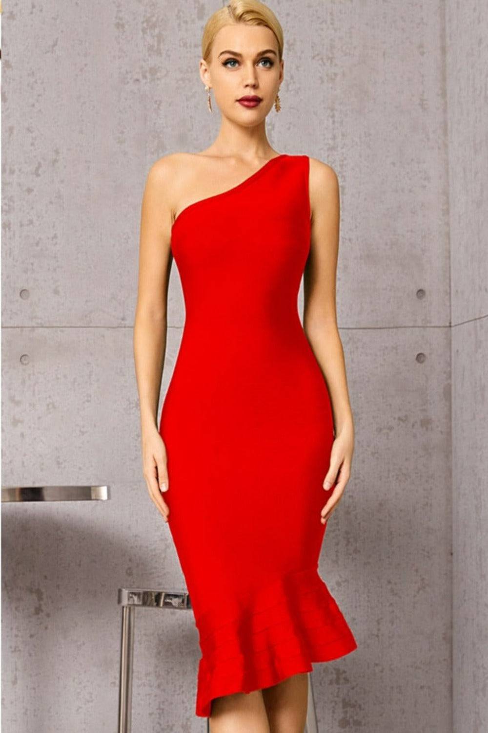 Midnight In London Red Off Shoulder Ruffle Bodycon Midi Dress - TGC Boutique - Bodycon Dress