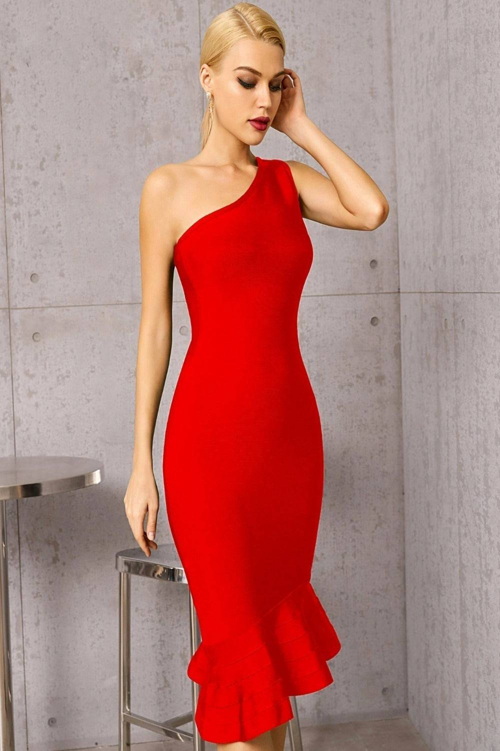 Midnight In London Red Off Shoulder Ruffle Bodycon Midi Dress - TGC Boutique - Bodycon Dress