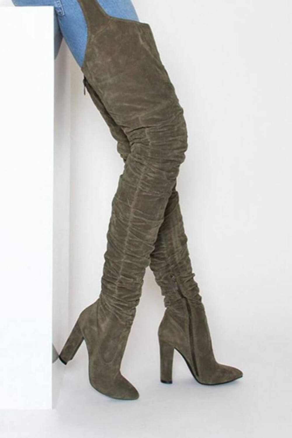 Green suede thigh high boots deals