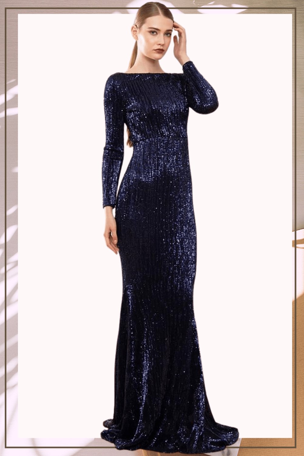 Navy Blue Long Sleeve Elastic Sequins Mermaid Maxi Dress - TGC Boutique - Evening Gown
