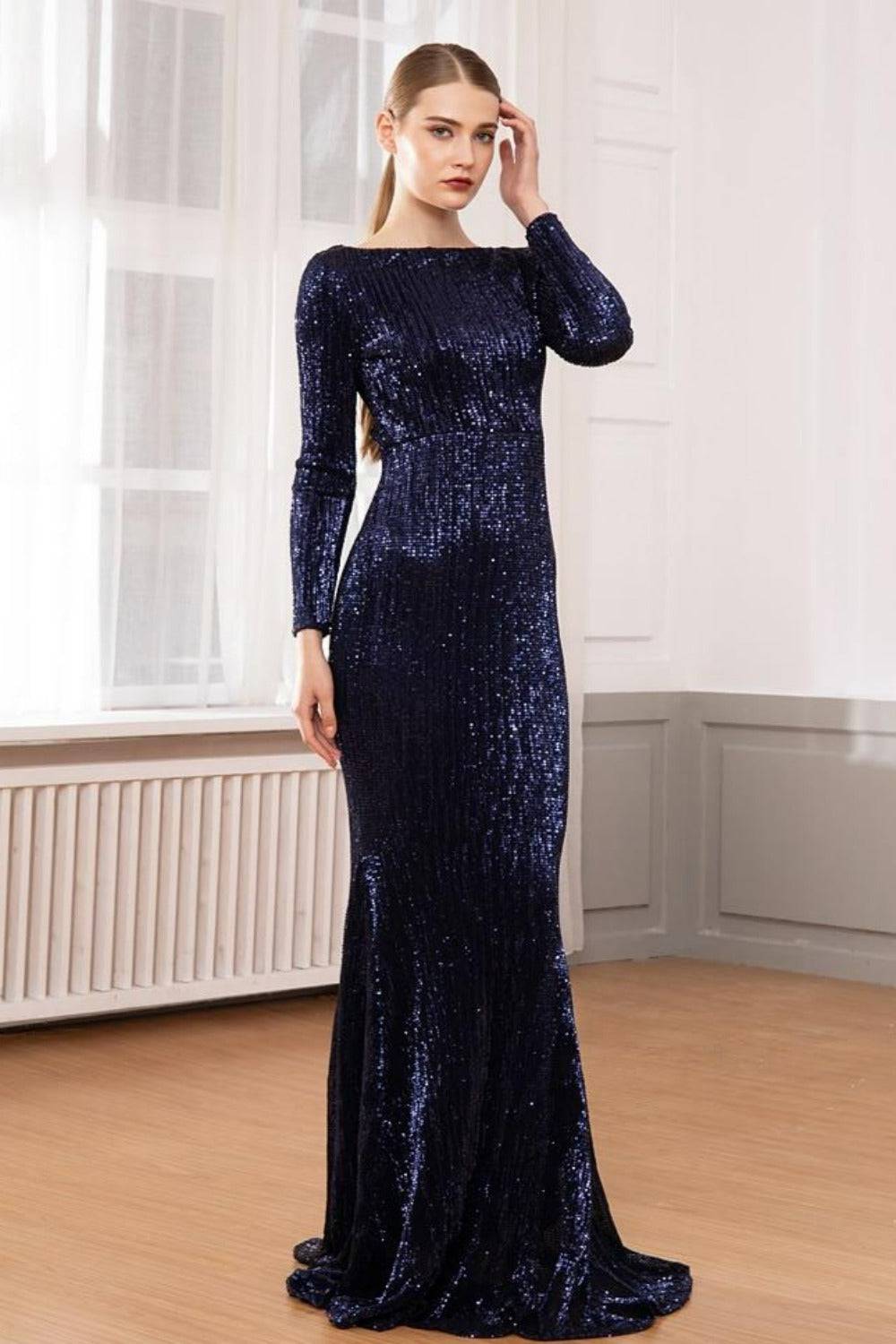 luxurious A-Line High Neck Blue Prom Dress Long Sleeve Beaded Evening –  SELINADRESS