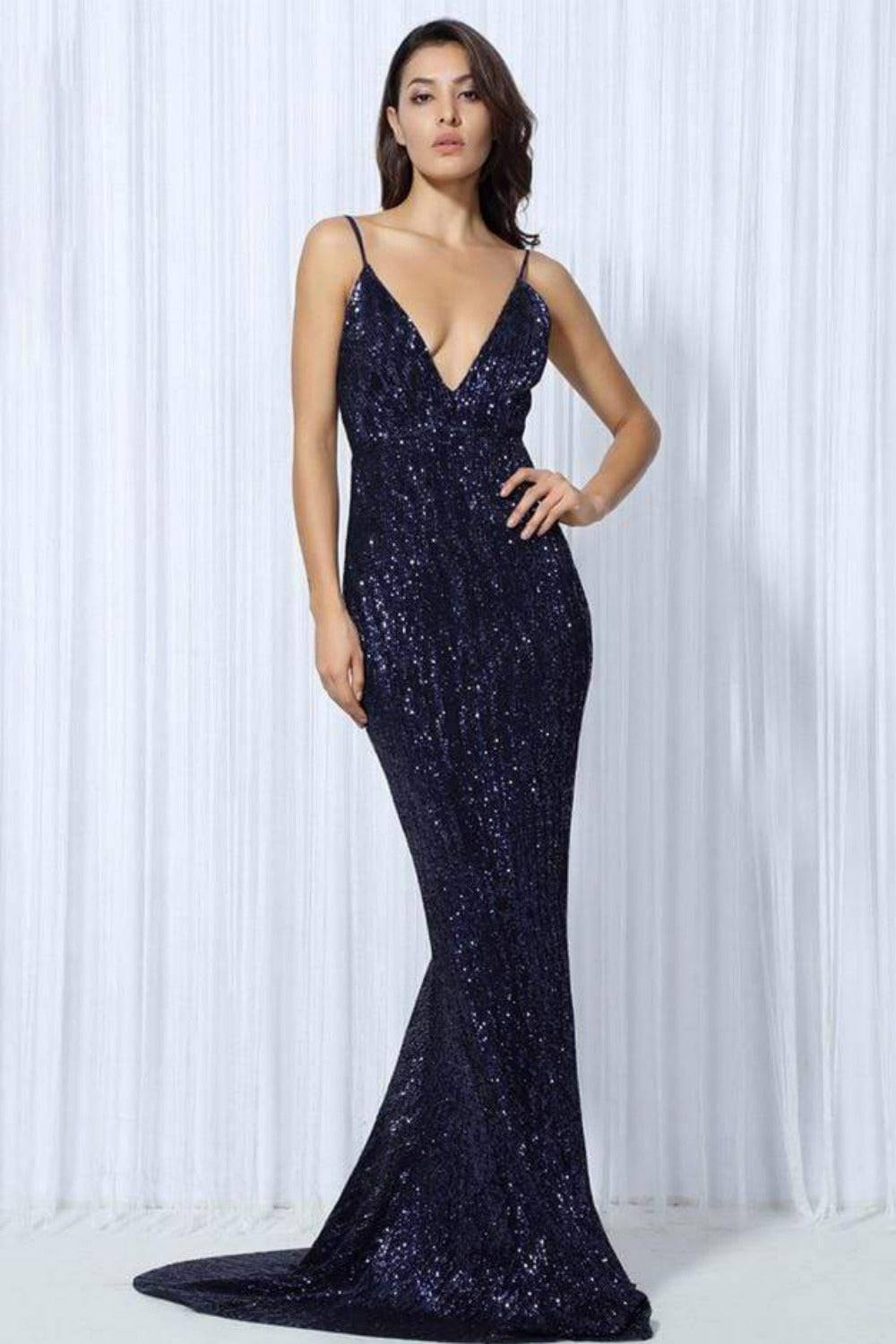 Navy Blue Sequin Backless Dress - TGC Boutique - Evening Gown