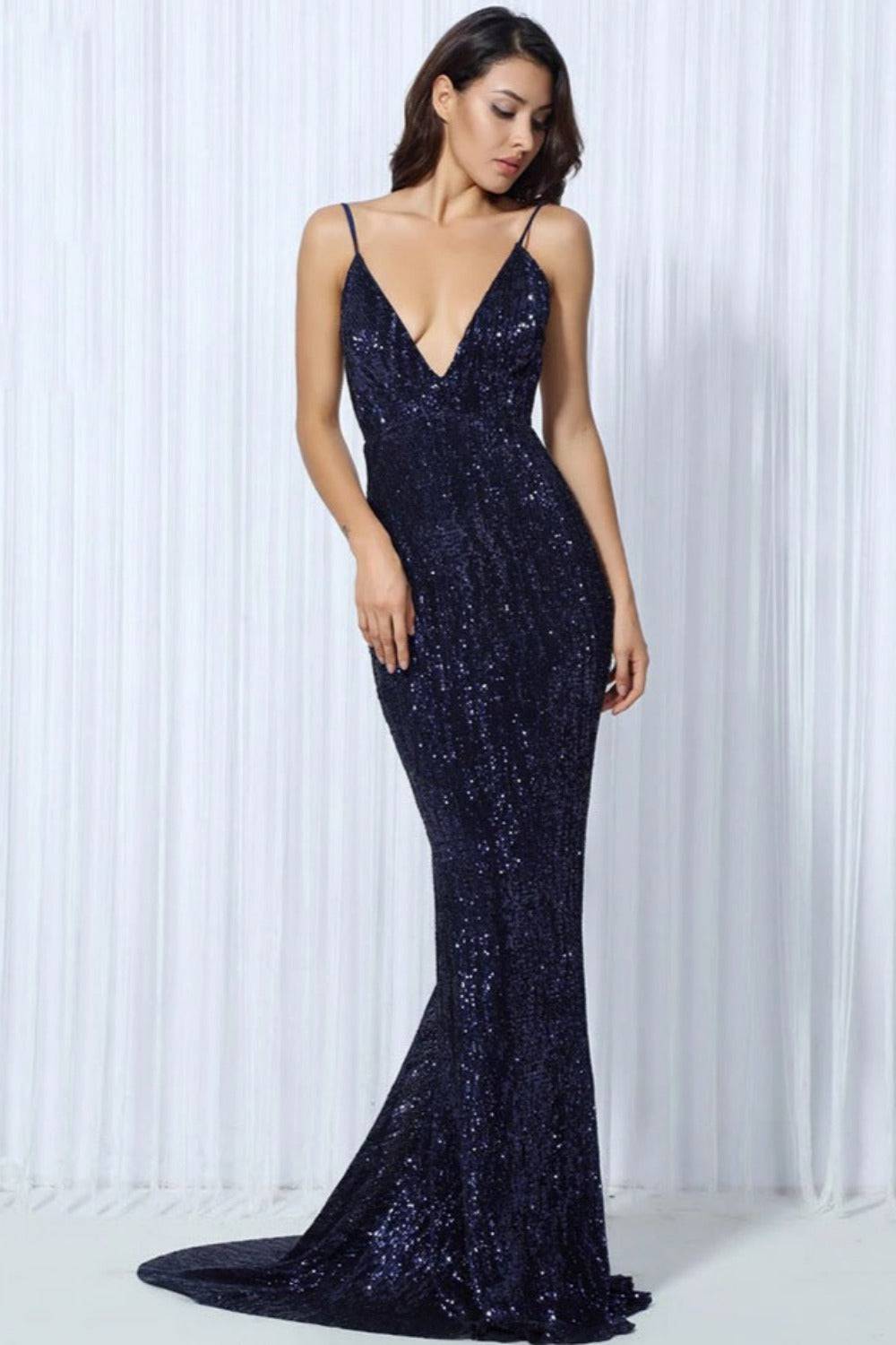 Navy Blue Sequin Backless Dress - TGC Boutique - Evening Gown