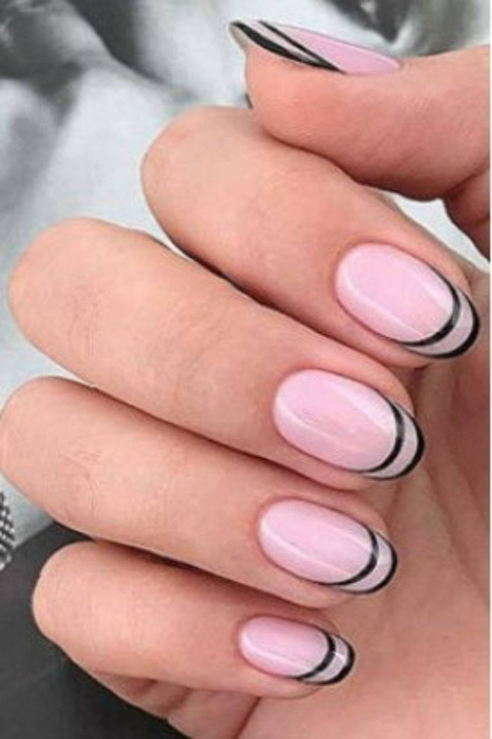 Nude Oval Black French Tip Nails Press On Kit - TGC Boutique - Press On Nails