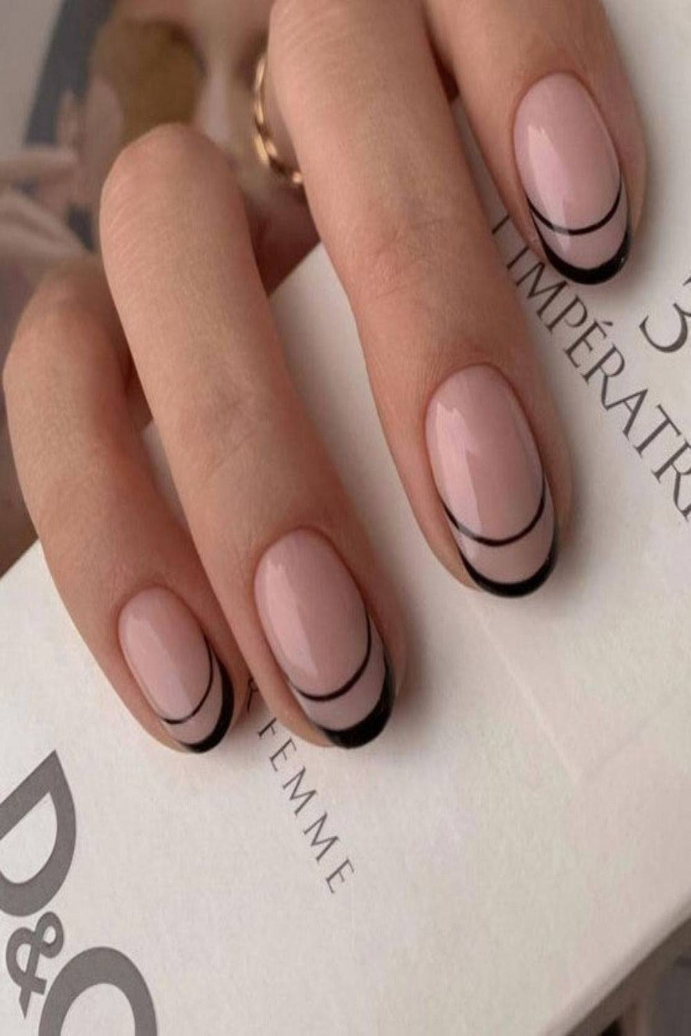 Nude Oval Black French Tip Nails Press On Kit - TGC Boutique - Press On Nails