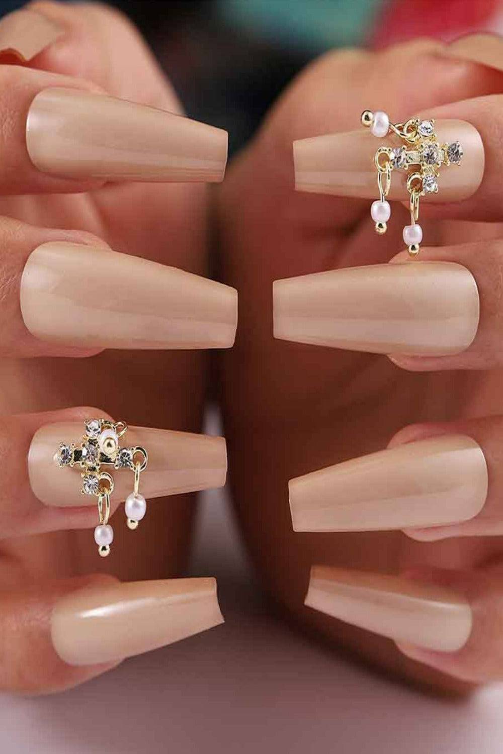 Nude Press On Nails Coffin Tip Pearl Nails Kit - TGC Boutique - Press On Nails