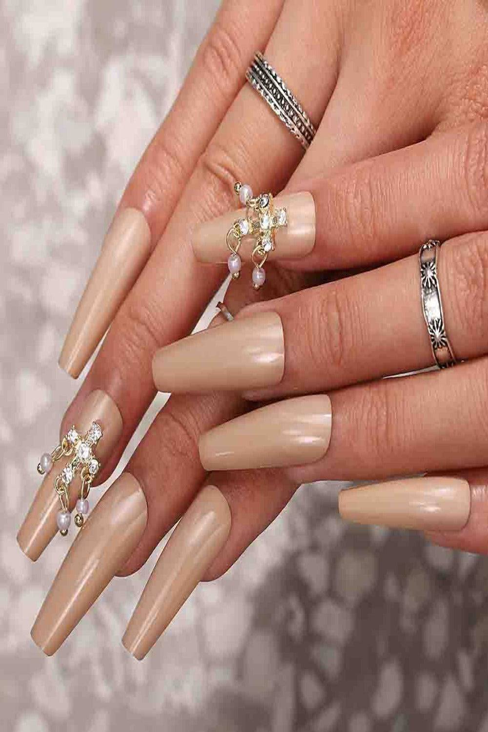 Nude Press On Nails Coffin Tip Pearl Nails Kit - TGC Boutique - Press On Nails