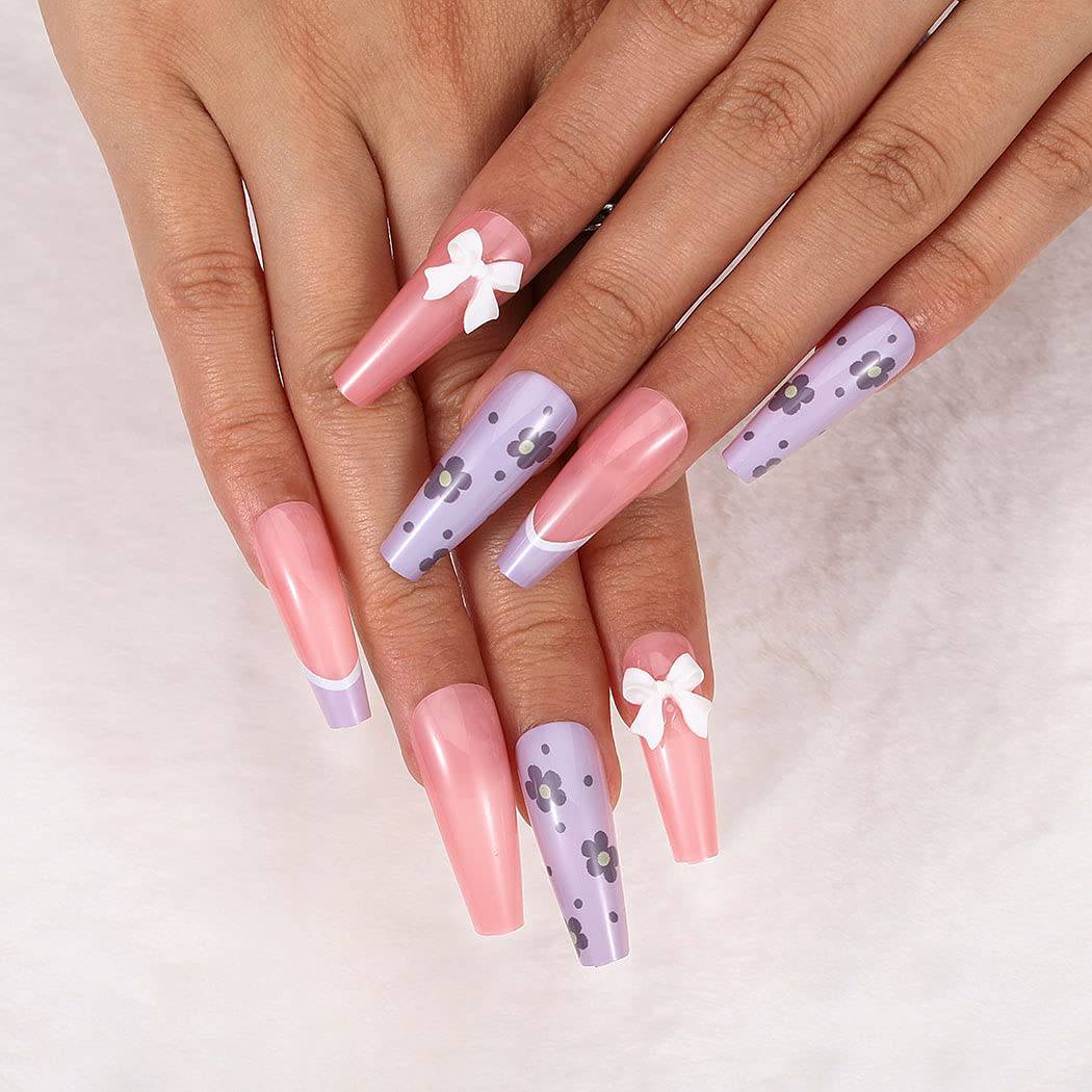 Nude Press On Nails Purple French Glossy Flower Coffin Polka Dot Nail Kit - TGC Boutique - Press On Nails