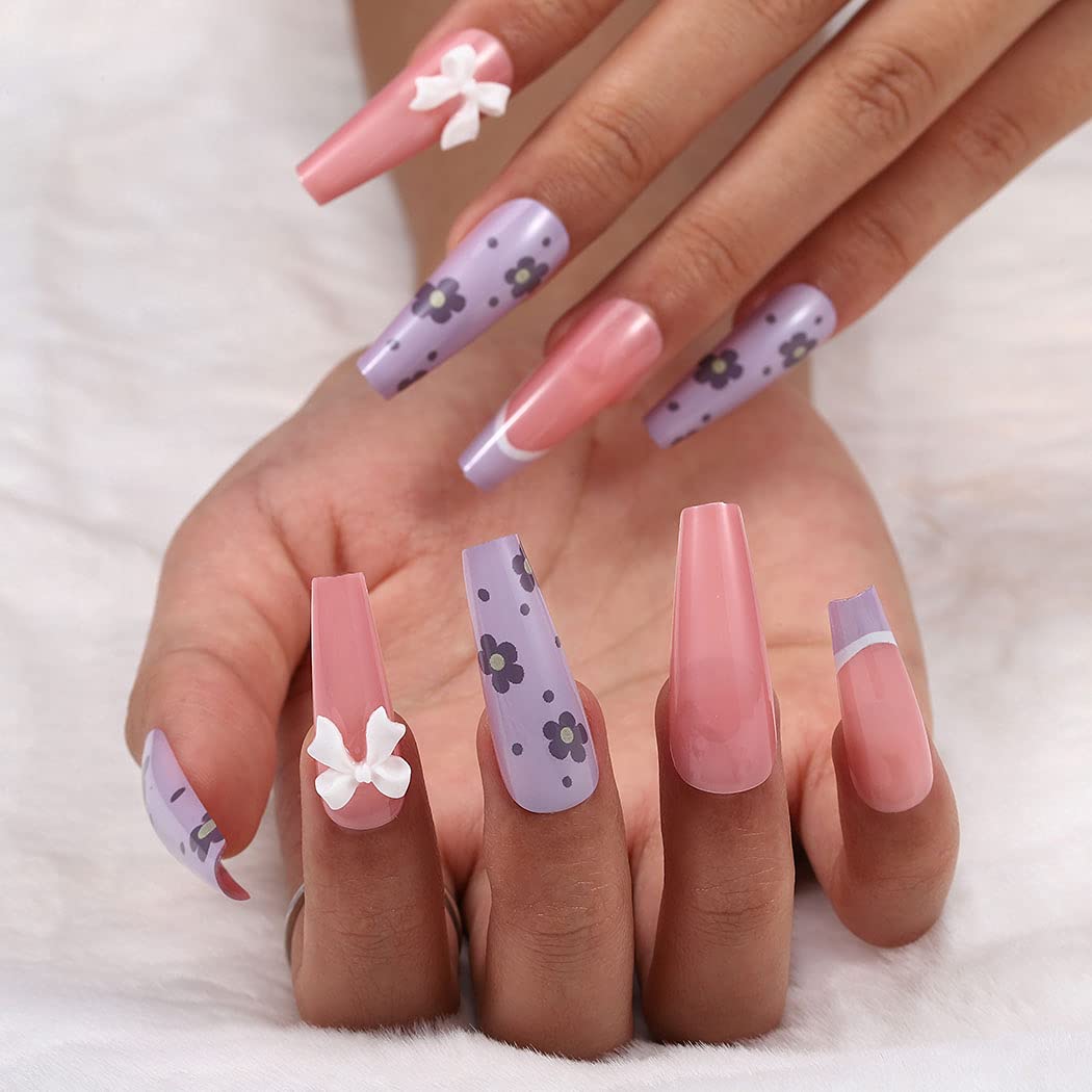 Nude Press On Nails Purple French Glossy Flower Coffin Polka Dot Nail Kit - TGC Boutique - Press On Nails